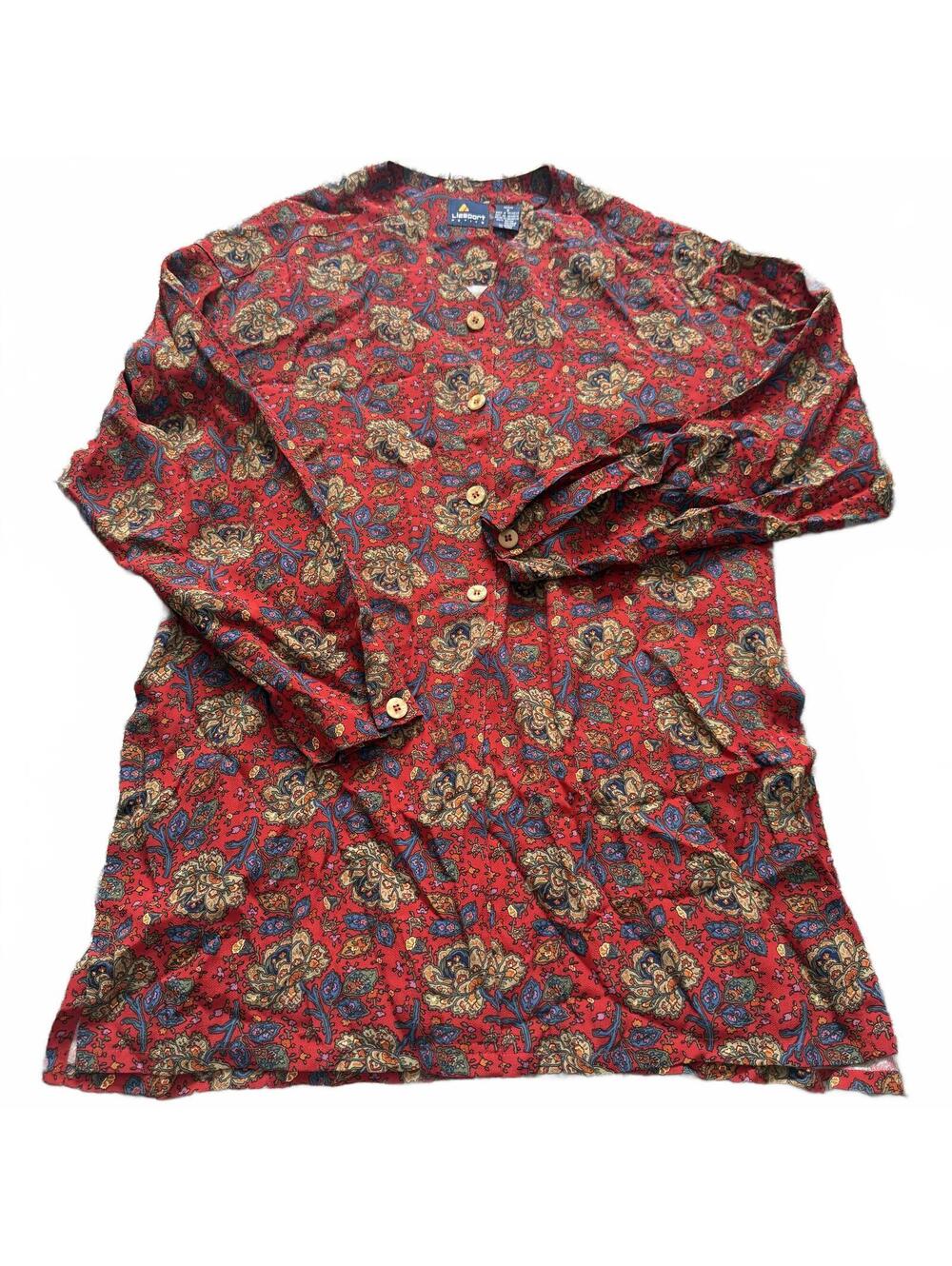 Lizsport Petite Red Paisley Floral Rayon Button Front Blouse Top Size 8P